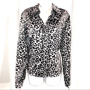 Trendy Leopard Print Satin Blouse, Size L